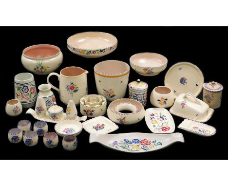 Various 20thC Poole pottery, to include six egg cups, 4cm H, butter dish, preserve jar and cover, cruet, open bowl, ring plan
