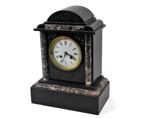 A Victorian black slate mantel clock, the domed case set with coloured marble to the pillars and lower section, with a 10cm e