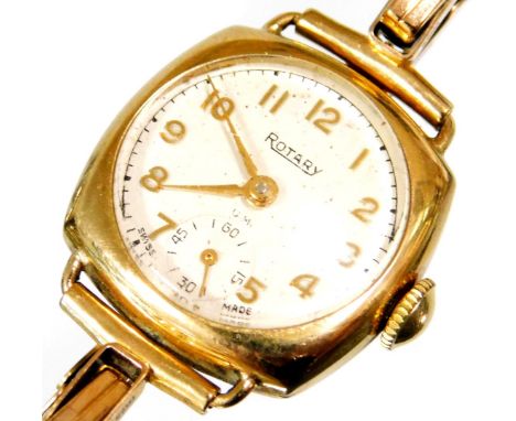 A Rotary ladies wristwatch, in yellow metal frame, unmarked, the dial white enamel, with seconds dial marked Swiss, on expand