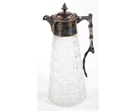 A Victorian silver and cut glass claret jug, with bamboo stem, acorn finial, shaped spout, tapering trumpet, hobnail cut body