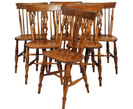 A set of six 19thC Lincolnshire ash, elm and birch Windsor country chairs, with comb cresting rails, pierced splats and tripl