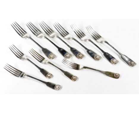 Six Victorian silver fiddle and shell pattern table forks, initial engraved, George William Adams Chawner &amp; Co., London 1