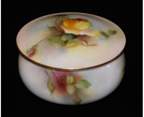 A Royal Worcester jar and cover, 1912, handpainted with roses in yellow, pink and green, on a circular foot, pink marks benea