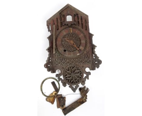 A 19thC oak stained Gothic cuckoo clock, in elaborate case with partial 15cm Dia. Roman numeric dial.  (AF)
