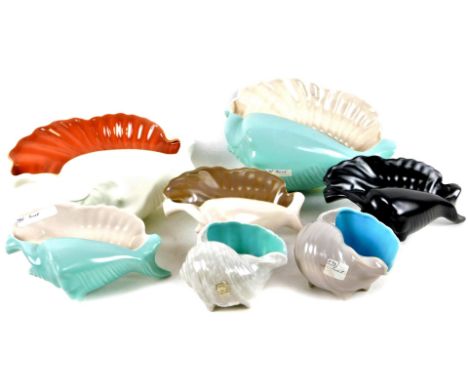 Various Poole pottery shell ornaments, to include turquoise example, 28cm W, others similar, etc. (a quantity)