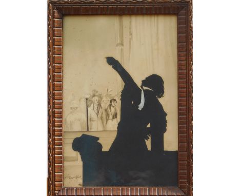 August Edouart (1769-1861). Portrait miniature of a cleric with arm aloft and depicted with congregation in sepia, watercolou