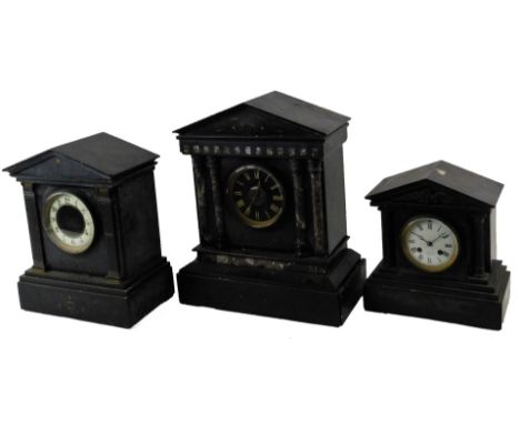 A 19thC slate mantel clock, the architectural case picked out with marble columns, on a shaped base, with 11cm Dia. Roman num