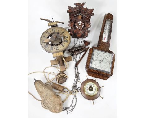 Various clocks, to include a wall clock with 17cm Dia. Roman numeric dial, dated 1640, but 20thC, Black Forest Cuckoo clock, 