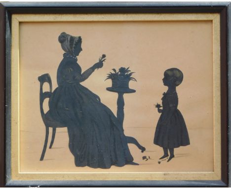 19thC. Silhouette portrait group of a lady seated at a table and a young child with flowers, 19cm x 25cm.