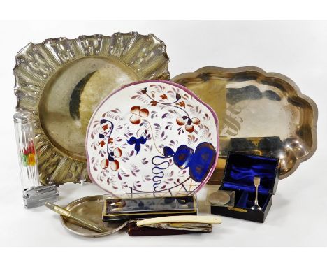 Various items, silver plated ware, etc.  a shaped tray with bead and hammered outline in the Devlin style, unmarked, 28cm W, 