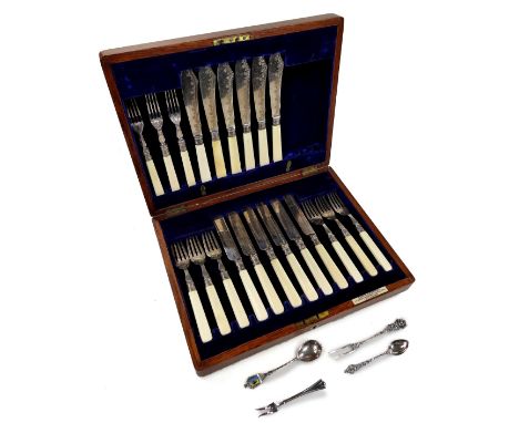 An oak cased part canteen of bright cut fish eaters, 35cm W, containing part settings for six and other pieces, rose headed f