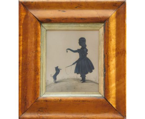 19thC. Silhouette portrait group of a young child teasing a dog, and with sepia tones, 16cm x 13cm, in a birdseye maple frame