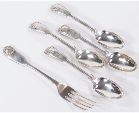Four George IV silver fiddle thread and shell pattern teaspoons, shield engraved, maker W E, London 1827, and a William IV si