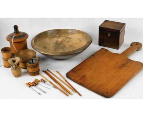 A 19thC turned wooden bowl, with olive wood string box, a barrel shaped pepper grinder and other items of treen, etc.