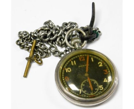 A Moeris military pocket watch, silver plated case with military arrow stamped G.S.T.P.M5128, the watch with black dial and b