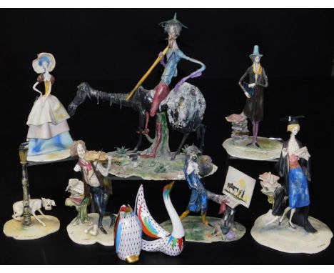 Various Capo di Monte Lo Scricciolo Italian Studio figures, to include figure on horseback, 27cm H, and another signed Colomb