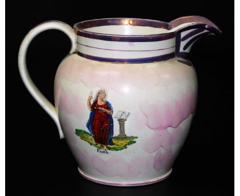 A 19thC Sunderland lustre jug, with hand coloured figural transfers depicting Faith, Hope &amp; Charity, 17cm H.