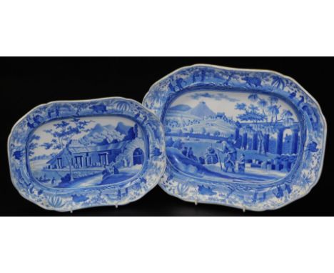 19thC Spode blue and white serving dish, with transfer decoration of the City of Corinth, 32cm, and a smaller serving dish of