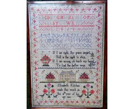 A 19thC needlework sampler, with alphabetic and numerical lines and text, by Elizabeth Kitchen, dated 1826, 45cm x 32cm.