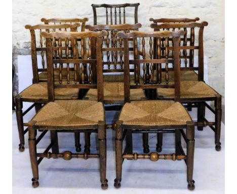 A set of eight (6+2) 19thC ash and elm Lancashire style country kitchen chairs, each with comb and scroll cresting rails abov