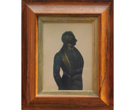 19thC. Silhouette portrait miniature of a gentleman in formal attire, 13.5cm x 10cm, in a rosewood frame.