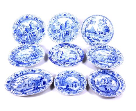 A 19thC Spode blue and white Italian pattern plate, 25.5cm and other Spode blue and white classical topographical plates and 