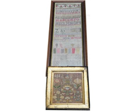 An 18thC needlework sampler, in rococo stitch dated 1711, 20cm x 17cm and a 19thC cross stitch needlework sampler, with alpha