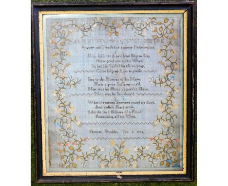 An 18thC silk needlework sampler, by Frances Franklin with religious poem text and dated 1796, 38cm x 33cm.