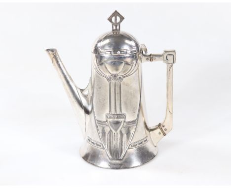 A W.M.F. electroplate coffee pot, of swept circular form, cast in relief with stylised plant forms, the domed cover (detached