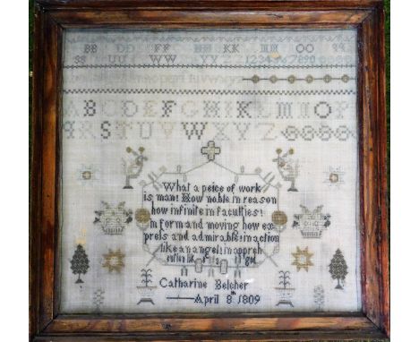 An early 19thC silk needlework sampler, by Catherine Belcher with alphabetic and numerical lines and various motifs, dated 18