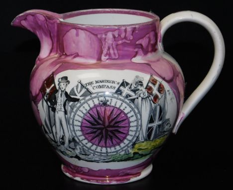 A 19thC Sunderland copper lustre jug, with a hand coloured transfer depicting the west view of the Cast Iron bridge at Sunder