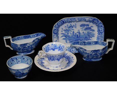 Two 19thC blue and white transfer printed sauceboats, with camel and figure designs with pyramids, a Spode blue and white dis