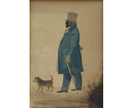 M. Thorborn. Profile portrait of a gentleman with a terrier dog, watercolour,  signed and dated 1856, 16cm x 11cm.