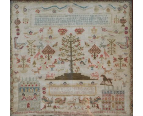 A 19thC silk cross stitch sampler, with text and numerous motifs of figures and birds, animals, etc, 50cm x 52cm, in a moulde