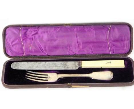 A Victorian silver fork and steel and ivory handled knife set, crest engraved, Charles Boyton II, London 1854, boxed.