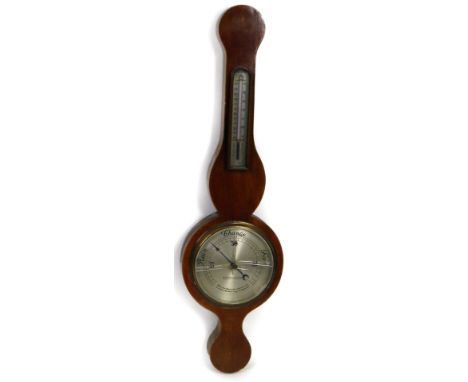 An early 20thC chequer-banded mahogany wheel barometer, with thermometer, by W. Greenwood &amp; Sons, Leeds &amp; Huddersfiel