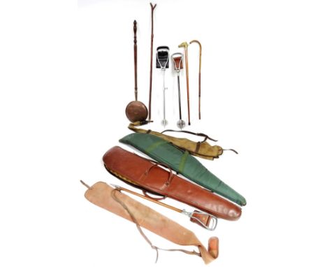 A leg of mutton rifle case, brown leather finish, 117cm W, canvas gun case, shooting sticks, walking stick, warming pan, etc.