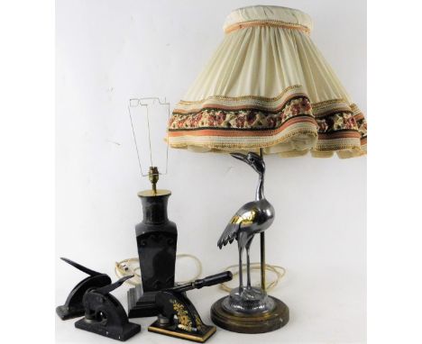 Three desk seal embossers, 19cm H,  a stork figure lamp and another.  (a quantity)