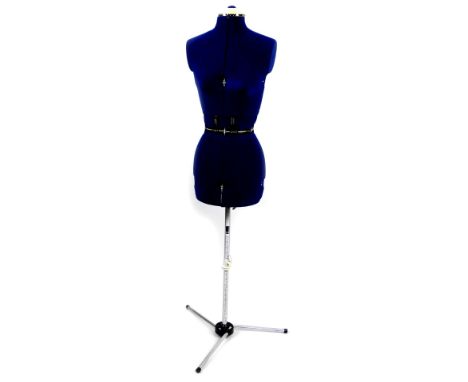 A 1970's mannequin dummy, in blue on metal pole, main body 76cm H.