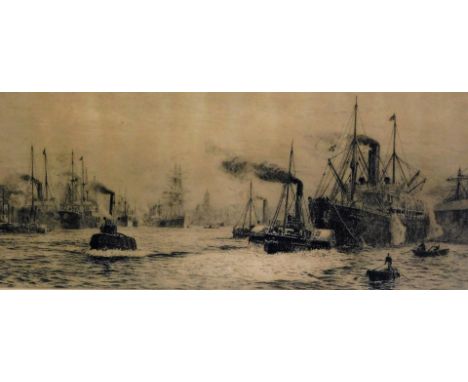 William Lionel Wyllie (1851-1931).  Many Boats On Calm Waters, dry point etching print, signed to the mount, 20cm x 50cm.