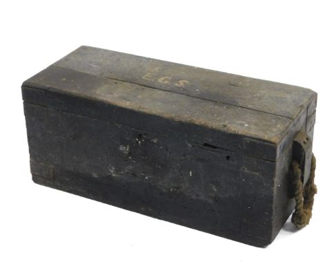 A 19thC pine tool chest, of rectangular form, painted black and initialled  EGS, with rope handles, 40cm H, 23cm W, 39cm D.