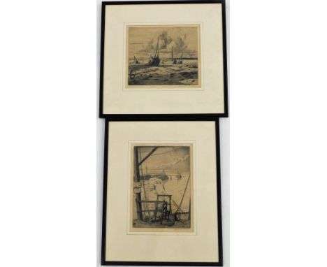 George Granger Smith (1892-1961).  Powder Barges On The Mersey At Eastham, c1920, dry point etching, 19cm x 24cm and another.
