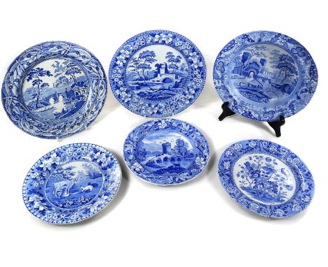 Six 19thC Spode blue and white plates and dishes, with landscape and figure decoration, varying sizes.