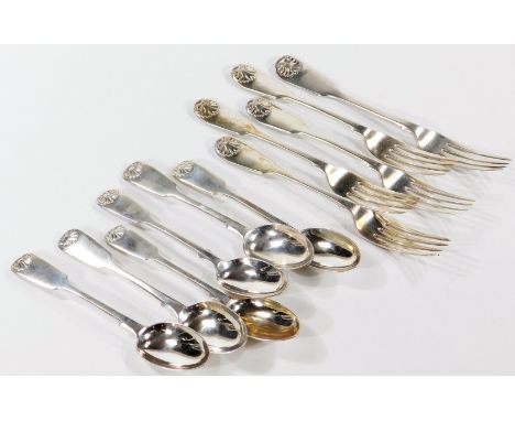 Four George IV silver fiddle and shell pattern dessert forks, William Chawner II, London 1831, six Victorian teaspoons, Chawn