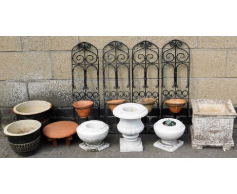 Various planters, a wrought iron hanging planter in black, another similar, 99cm H, square concrete planter, plant pots, marb