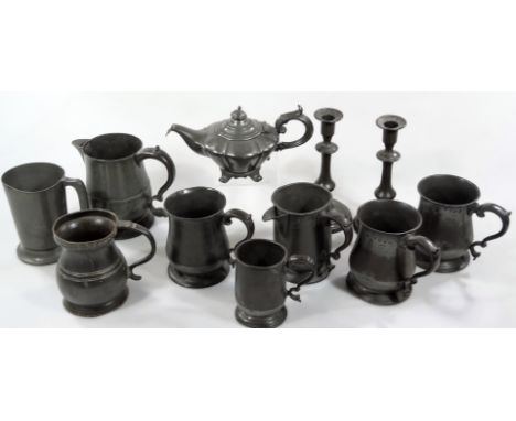 Various 19thC and other pewter, to include tankards, jug with side spout, 14cm H, teapot, pair of candlesticks, snuff box, et