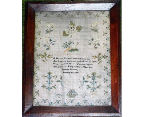 A 19thC silk needlework sampler, by Francis Morley with rose, bird and floral motifs, and poem, dated 1835, 40cm x 30cm.