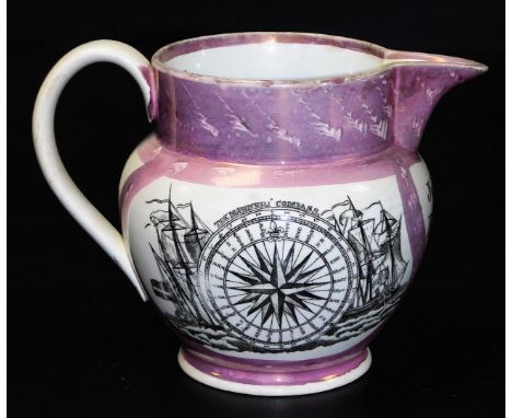 A 19thC Sunderland lustre jug, inscribed to John Frank with the Mariners Compass and Rhyme, 14cm H and another Sunderland lus