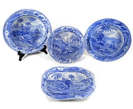 Four 19thC Spode blue and white hunting plates and dishes, comprising Death of the Bear, Chase after a Wolf, Common Wolf Trap