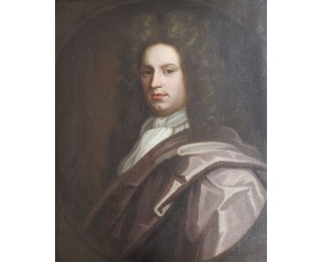 18TH CENTURY ENGLISH SCHOOL "Gentleman in wig with white stock and purple satin cloak", oil on canvas, unsigned, 76 cm x 63.5